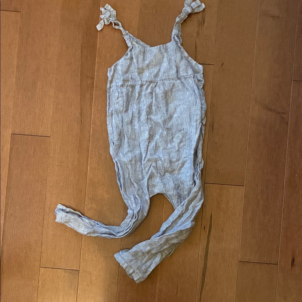 Kids Light Gray Linen-Blend Romper with Tie Straps